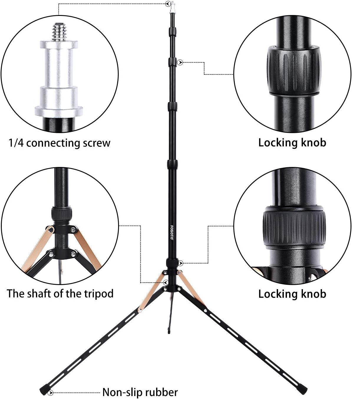 FOSOTO FT-190B 87in Aluminum Alloy Photography LED Light Tripod Stand for Photo Studio Ring Photographic Light, DSLR Cameras, Softbox, Umbrella, Flash, Portrait Shooting Lighting Stand