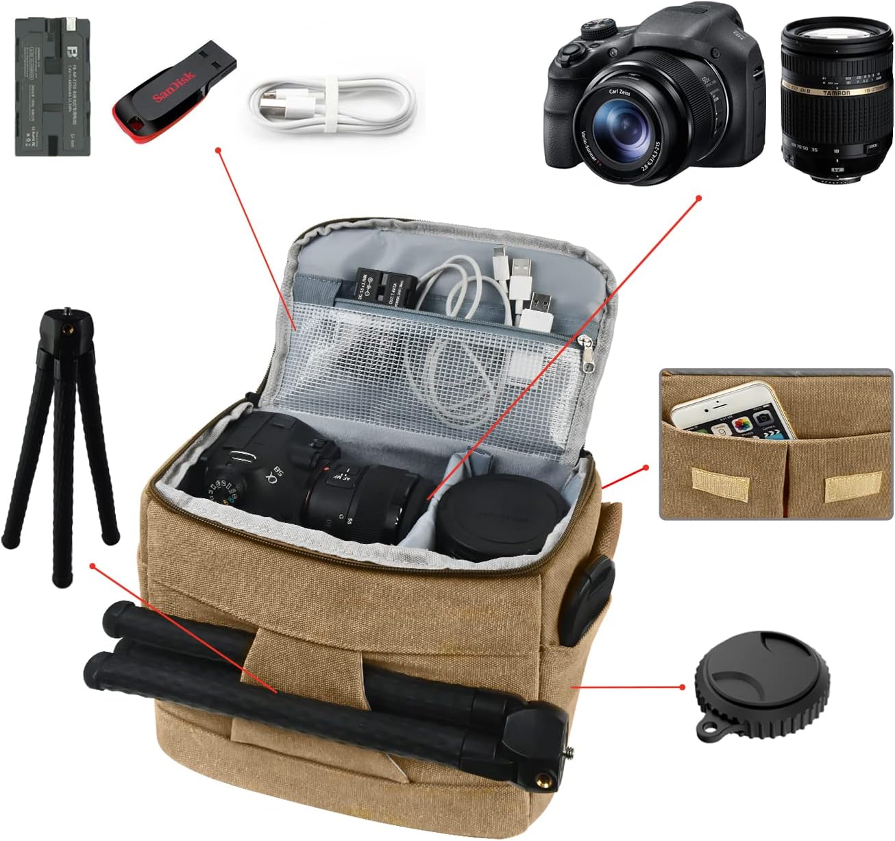 FOSOTO Anti-shock Shoulder Crossbody Camera Case Bag Compatible for Canon EOS EOS Rebel T5 T6 T7 T8i T100 SL3 XTi Panasonic G85 G95 GH5 G7KS Olympus OM-D E-M1 DSLR SLR Camera