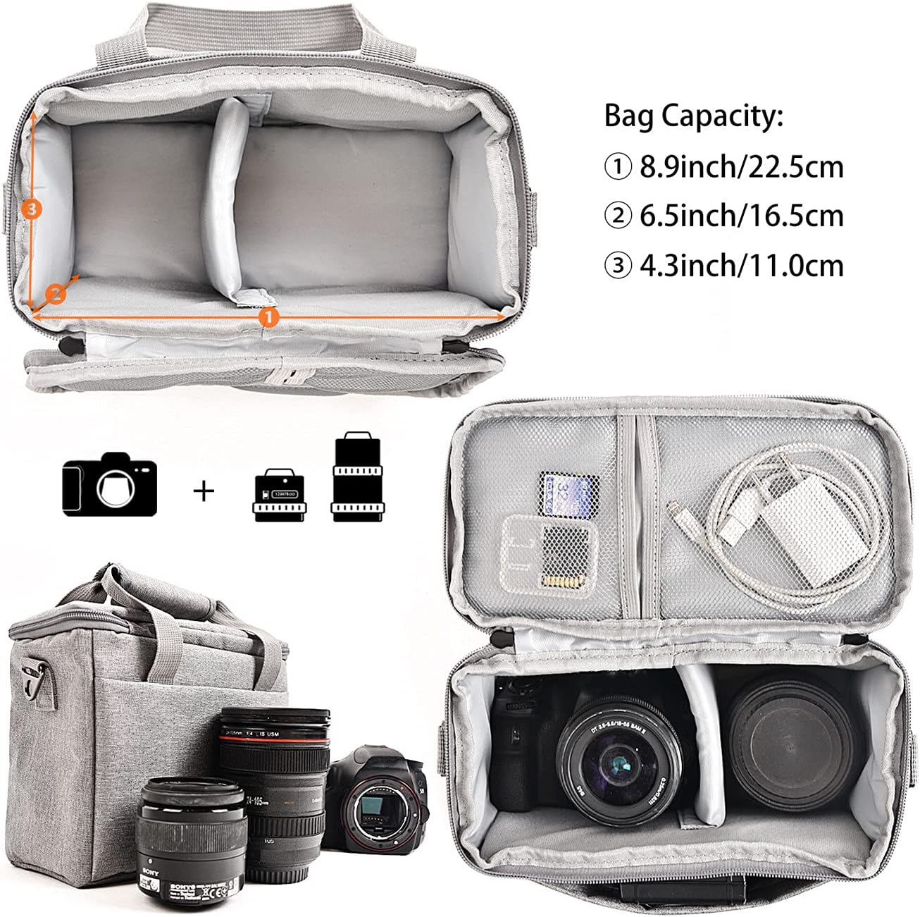 FOSOTO Camera Bag Case with Waterproof Rain Cover Compatible for Nikon D3500 D5600 D7500 D610 Canon EOS 4000D 2000D SL3 T7 M50 M6 SX530 Fujifilm X-T20,Grey