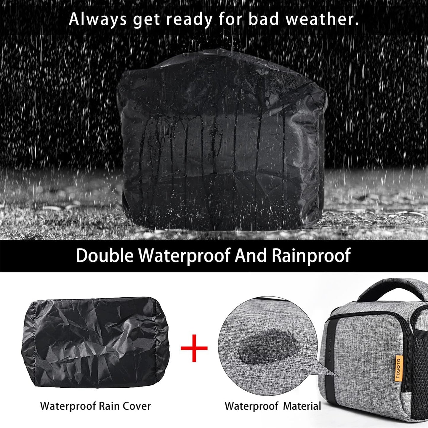 FOSOTO Waterproof DSLR Camera Bag Case,Shockproof Large Camera Lenses bags Compatible for Canon Rebel T7 2000D 4000D 700D 850D,Nikon D3500 D5600 D7500,Sony Photography Cases with Insert and Rain Cover