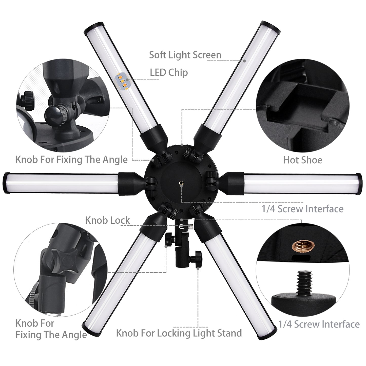 Fosoto - Lámpara de luz LED de estrella regulable de 3200-5600 K con 6 tubos para fotografía, estudio fotográfico, fotografía con cámara, fotografía con teléfono, YouTube, maquillaje con soporte para trípode