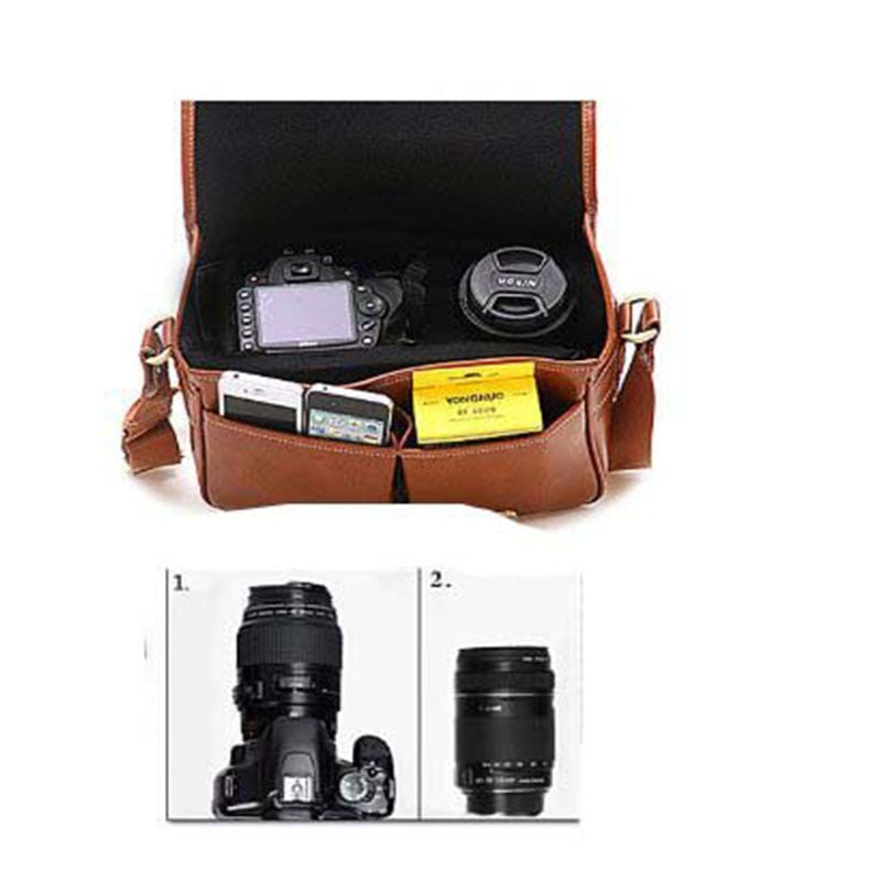 Fosoto Waterproof Vintage PU Leather DSLR Camera Bag Cross Body Portable Case Fit DSLR with 2 lenses For Canon DSLR Camera