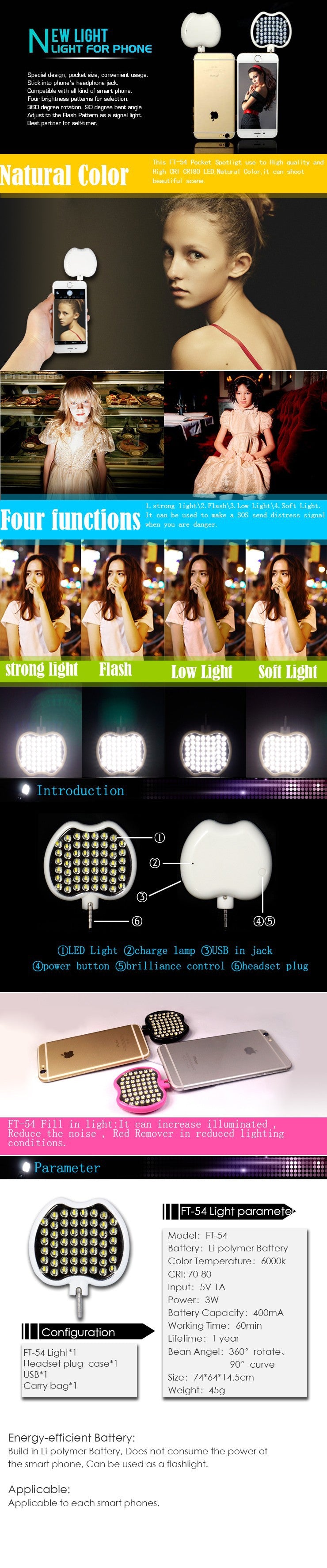 Fosoto FT-54 Mini luz LED para vídeo luz blanca cálida Selfie mejora Anillo de luz LED lámpara Flash para cámara de mesa de teléfono móvil