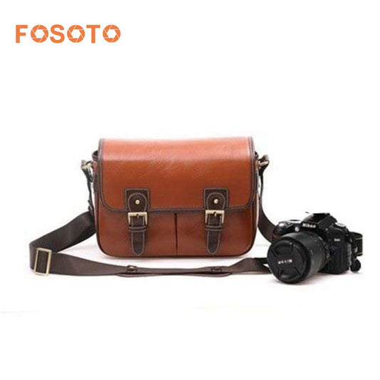 Fosoto 防水复古 PU 皮革数码单反相机包斜挎便携包适合单反相机带 2 个镜头适用于佳能数码单反相机
