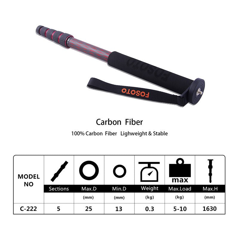 fosoto C-222 Carbon Fiber Camera Monopod Tripod Red & Black With Stand Base 3/8"Adapter Professional Mini Tripod For DSLR Phone