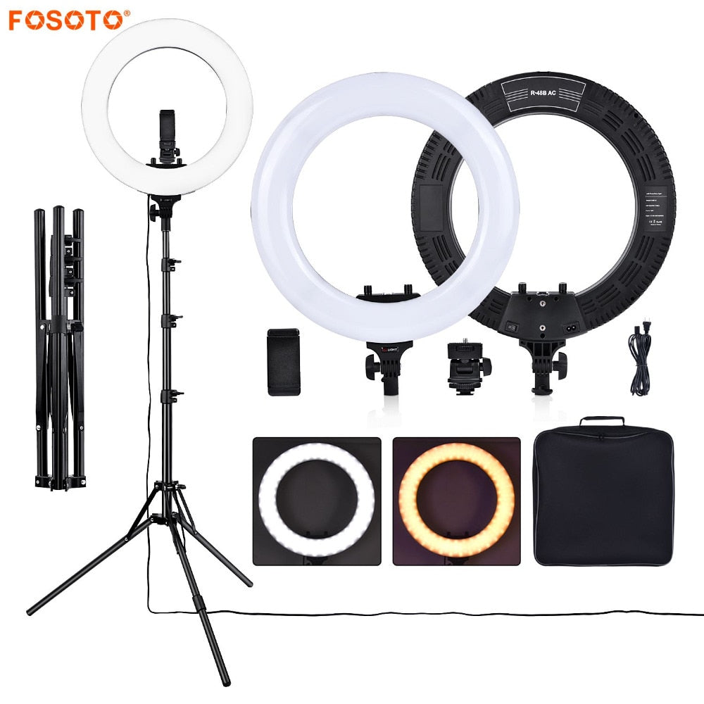 Fosoto R48B 48W 3200-5600K 432 LED iluminación fotográfica regulable foto de cámara teléfono fotografía anillo lámpara de luz y soporte de trípode