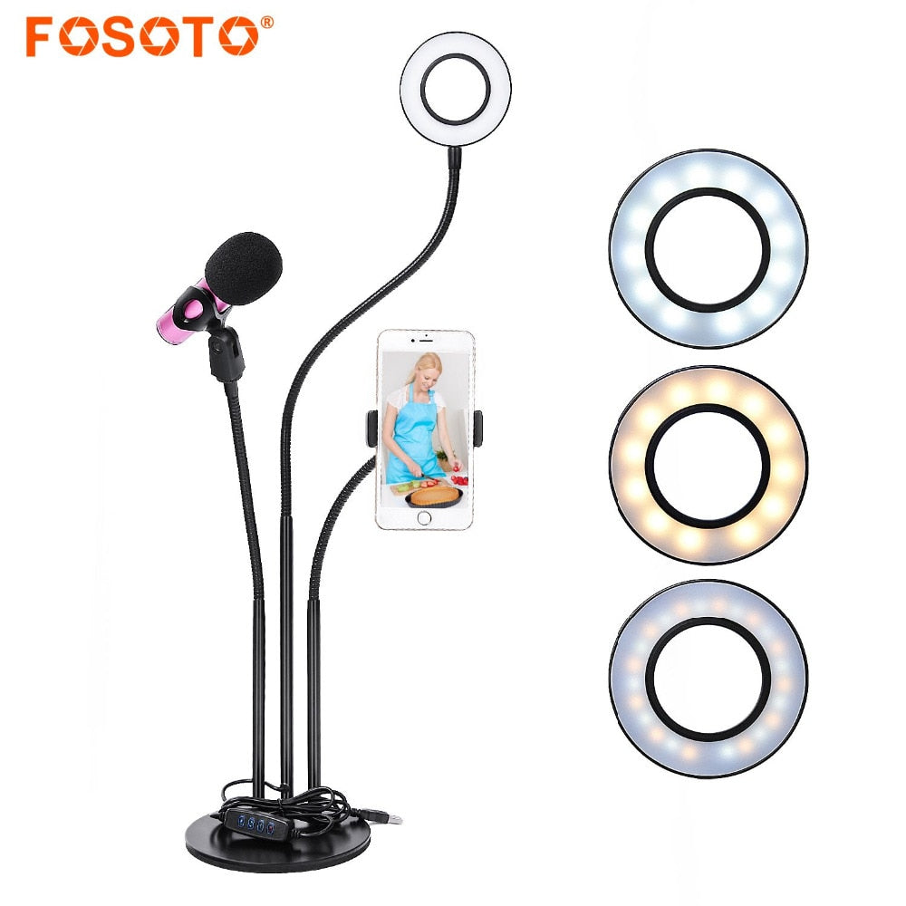fosoto Led Selfie Ring Light Lamp&Phone Holder Phone Photo Dimmable Camera Video Photographic Lighting For Live Stream Makeup