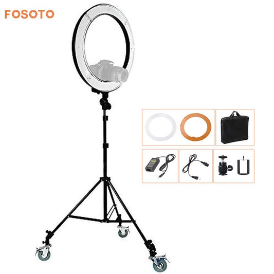 Fosoto RL-18 iluminación para fotografía estudio de vídeo cámara fotográfica Digital, soporte y Kit de 3 ruedas, lámpara de Anillo de luz LED regulable 5500K 240