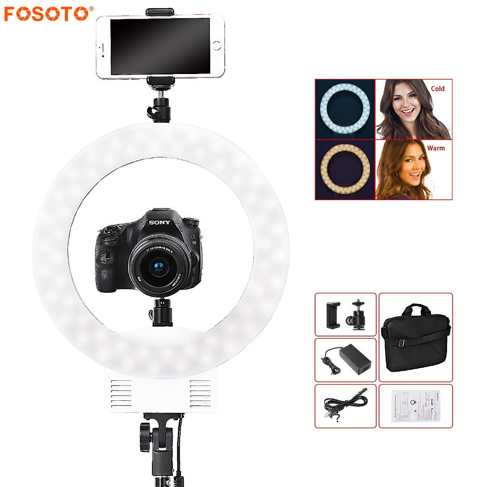 fosoto RL-12 双色摄影灯 3 热靴 3200-5600K 240 个 LED 自拍环形灯 适用于手机相机视频拍照化妆